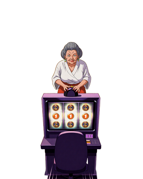 Granny-Sensei im epischen Slot-Turnier umgeben von leuchtenden Spielautomaten bei SpinGranny Casino