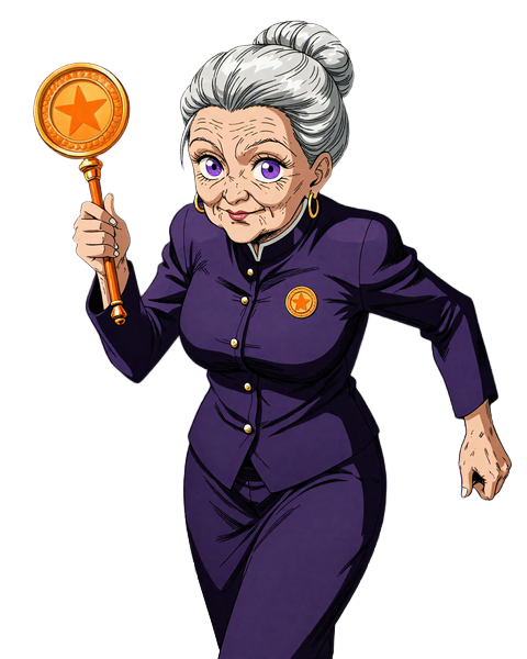 Granny-Sensei Anime-Maskottchen SpinGranny Casino mit leuchtendem M&uuml;nzzepter und Energie-Aura